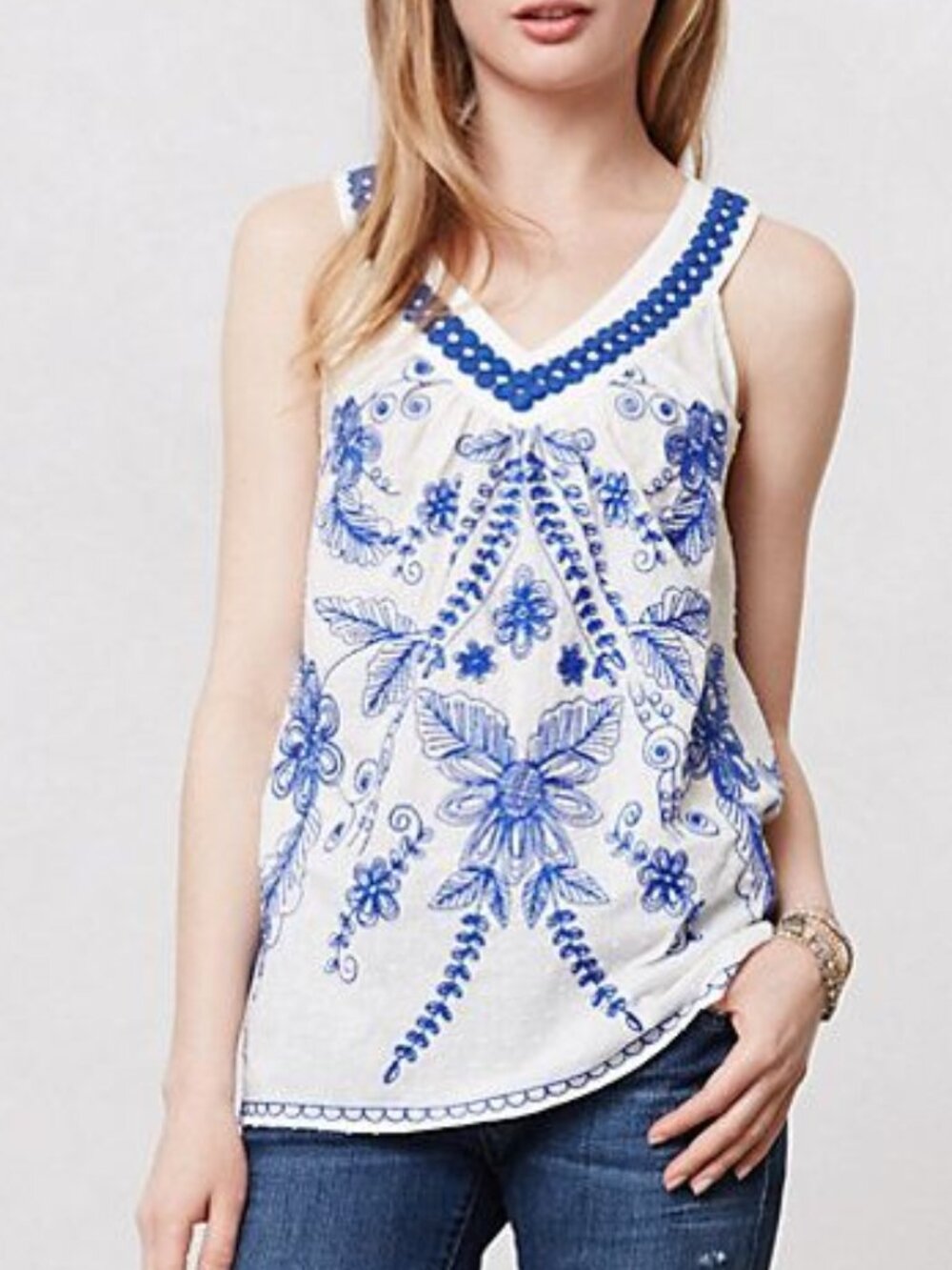Anthropologie Embroidered Prema Tank White Blue Sleeveless Top